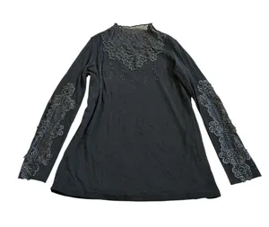 Black High Neck Long Sleeve Top Embroidered Rhinestones Gothic Romantic Witchy thumbnail 1
