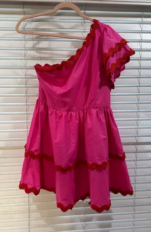 entro Hot Pink One-Shoulder Ruffle Tiered Dress with Red Trim thumbnail 1