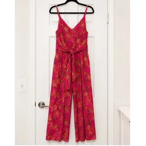 Free People Hot Tropics Jumpsuit Pink Palm Print Wide Leg Tie Front Boho Size 4 thumbnail 2