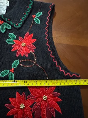 Vtg Women Ugly Christmas Sweater Vest Zip Up Poinsettia Embroidered Beaded 4/6 thumbnail 14