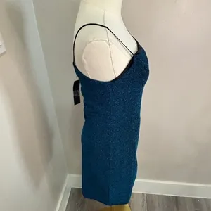 Lulus Blue Glitter Mini Dress Spaghetti Strap Square Neck NWT M Zipper‎ Broken thumbnail 4