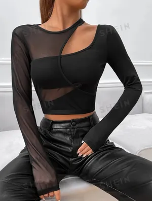SheIn Black Asymmetrical Contrast Mesh Cut Out Crop Top thumbnail 6