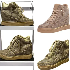 Guess Fiora Wedge Sneaker Lace and Zip Up Brown Cream Gold Shoes Womens 5 M thumbnail 3