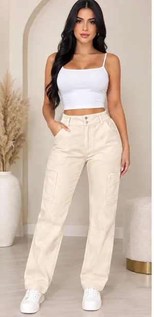 NWOT Shinestar Cream Faux Leather High Waist Cargo Pants L⁠🎀 thumbnail 1