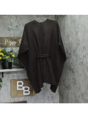 NEW Inc International Concepts Belted Ruana Topper with Piped Trim Dark Brown thumbnail 2
