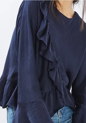 Anthropologie dRA Satin Ruffle Blouse L Blue thumbnail 1