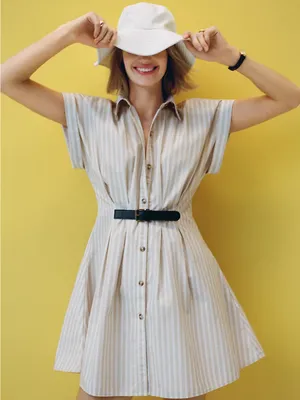 Anthropologie Maeve Faye Shirtdress Womens M Honey Tan Striped Belted Mini thumbnail 4