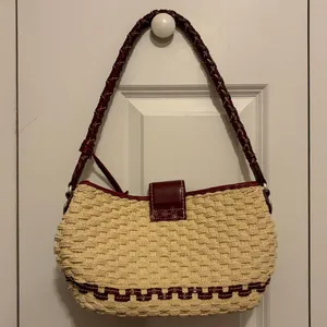 BRIGHTON Phyllis Natural Straw Red Leather Lined Shoulder Bag Braided Strap thumbnail 3