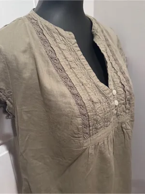 Converse One Star Khaki Cotton Lace Trim Peasant Blouse Top Large Boho Cottage thumbnail 4