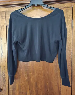 aerie Black Boatneck Drop Back Long-Sleeve Cropped Top Off The Shoulder Medium thumbnail 1
