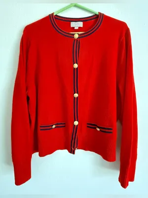 J.Crew Cashmere Sweater Lady Jacket in Cardinal Red Navy Contrast Trim 2X thumbnail 3