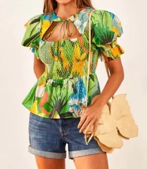 Farm Rio Vintage Toucans Smocked Peplum Top Medium thumbnail 1