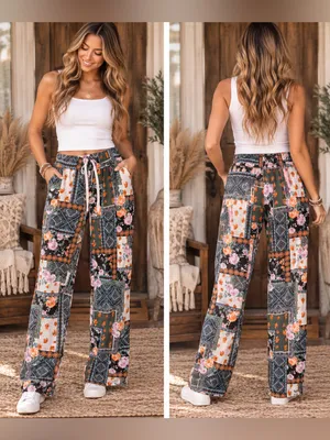 Cato Olive Patchwork Floral Wide-Leg Pants thumbnail 2