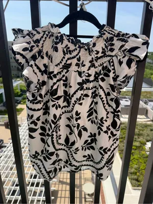 Ann Taylor Black and White Floral Smocked Sleeve Blouse thumbnail 2