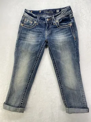 Miss Me Jeans Womens Sz 25 cuffed‎ capri Denim Embellished Fleur de lis Pockets thumbnail 1