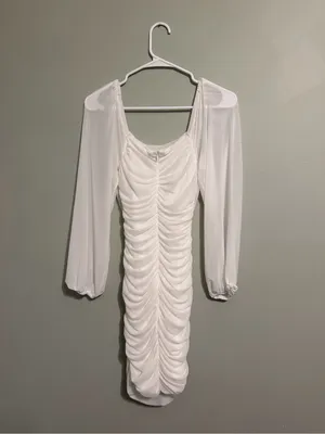 White Ruched Long Sleeve Mini Dress thumbnail 2