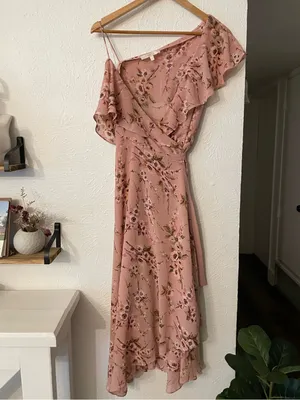 Wayf Pink Floral Ruffle Midi Wrapped Dress Small thumbnail 3