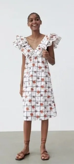 Zara Floral‎ Grid Print Ruffle V-Neck Midi Dress White Orange Small thumbnail 1