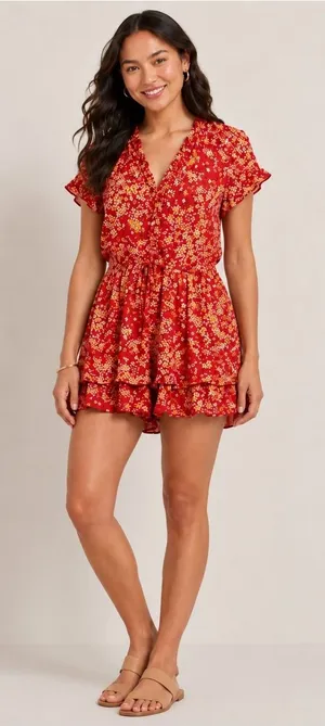 Francesca's Mi Ami Dedra Floral Tiered‎ Ruffled Romper Large NWT Pink thumbnail 1