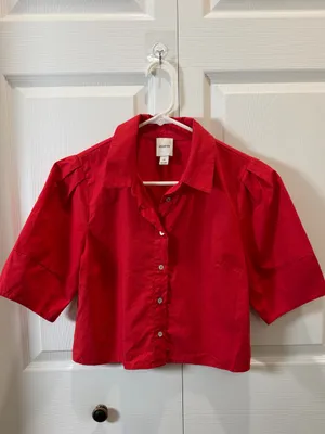 Maeve Lantern Sleeve Red Cropped Button-Front Shirt XS thumbnail 6