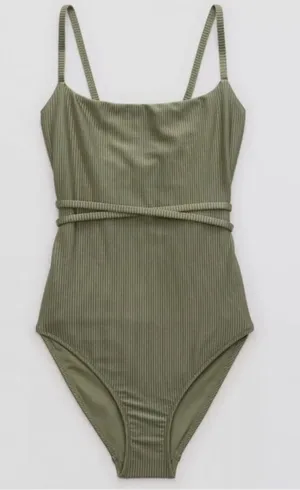Aerie Shine Ribbed Strappy Scoop Olive Green One Piece Wrap Around Tie Swimsuit thumbnail 1