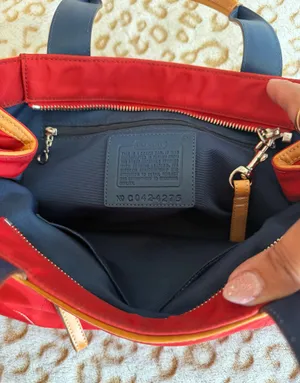 Coach Hampton Red Nylon Tote with Tan Leather Strap Handbag Women's thumbnail 5