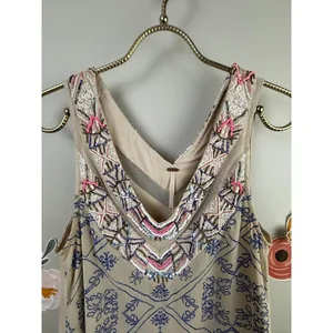 Free People Cream & Pink Sleeveless Beaded Sleeveless Shift Dress - Size - Small thumbnail 3