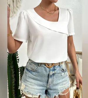 NEW Elegant Asymmetrical Neck Puff Sleeve Blouse Short Sleeve Blouse Top M thumbnail 6