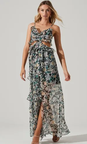 NWT ASTR THE LABEL PALACE FLORAL CUTOUT RUFFLE MAXI DRESS multicolor SIZE SMALL thumbnail 1