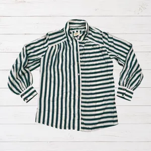 Maeve Anthropologie Green White Mixed Stripe Button Down Blouse Long Sleeve S thumbnail 2