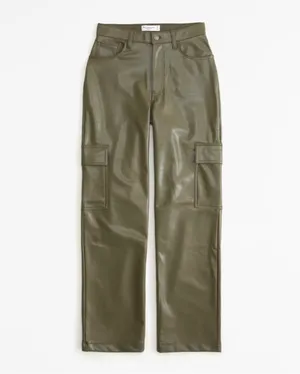 Abercrombie & Fitch Olive Green Faux-Leather Wide Leg Cargo Pants thumbnail 2