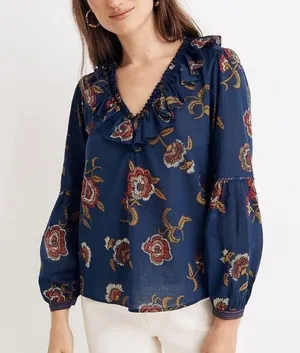 MADEWELL x Warm Ruffle-Collar Top Blue Floral XSmall thumbnail 1