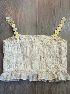Anthropologie Maeve Strappy Daisy Crop Tank Off White Smocked Cotton Top Size S thumbnail 7