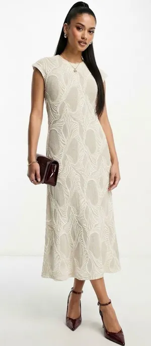 Zara Textured Cream & Beige Abstract 3D Knit Cap Sleeve Midi Dress Size Small thumbnail 1