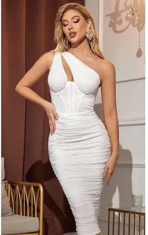 HOUSE OF CB Valentina Asymmetric Cutout One-Shoulder Midi Dress in Ivory XS NWT thumbnail 4