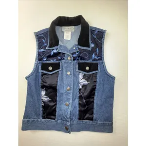 Vintage 1990s Stonebridge blue Floral velvet Satin denim Vest & Skirt Set Size S thumbnail 4