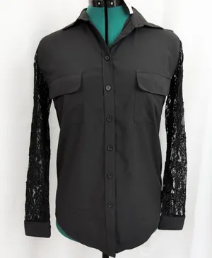 Deadstock Lovers + Friends Lace Sleeve Black Collared Shirt Small thumbnail 1