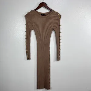 Bebe Ribbed Knit Bodycon Dress Womens XS Sesame Tan Gold‎ Button Shoulder Slit thumbnail 3