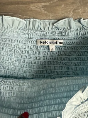 Reformation Silk Pina Smocked Top In Horizon Baby Blue Large thumbnail 6