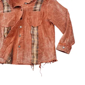 POL Large Corduroy Plaid Mixed Media Shacket Rust Orange Distressed Boho Country thumbnail 5