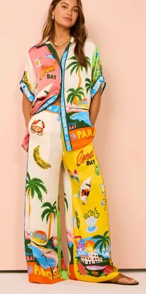 Resort-Print Wide Leg 2 piece set camp style shirt - Multicolor thumbnail 1