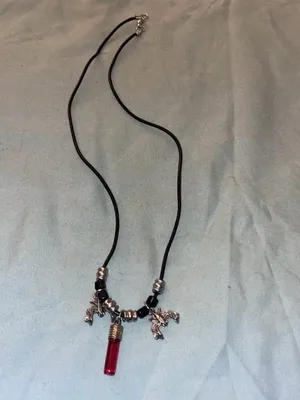 20” Necklace Bat Charms & Garnet Crystal On Black Rope Goth Punk Witchy Gothic thumbnail 2