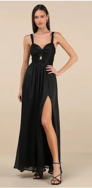 NWT Lulus Aria Black Crinkle Knotted Backless Maxi Dress Gala banquet Ball Sz L thumbnail 1