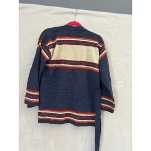 Mademoiselle Knitwear Vintage Nordic Fair Isle Wrap Belted Cardigan Sweater Blue thumbnail 5