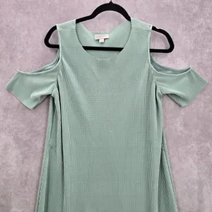 Belle Sky‎ Green Mint Pleated Cold Short Shoulder Knee Length Boho Dress Large thumbnail 3
