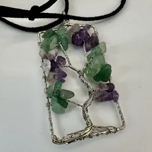 Amethyst and aventurine silver tone tree pendant necklace thumbnail 6