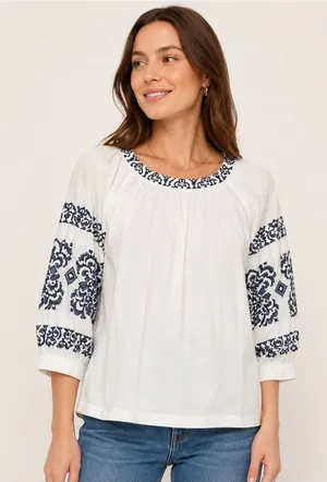 Tommy Hilfiger White and Blue Embroidered Blouse thumbnail 1