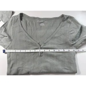 American Eagle Sage Green Ribbed V-Neck Henley Long Sleeve‎ Top Cutie Medium thumbnail 8