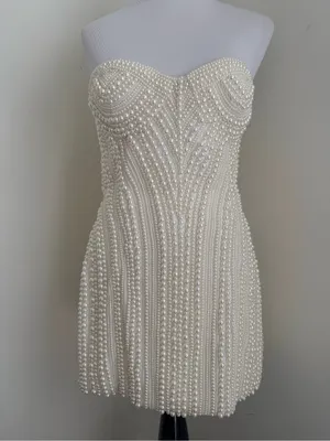Retrofête NWT Deema Pearl Embellished Strapless Wedding Bridal Mini Ivory Med thumbnail 8