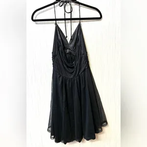 Express XS Black Metallic Sparkle Halter Mini Ruched Bodycon Tulle LBD Party Y2K thumbnail 7